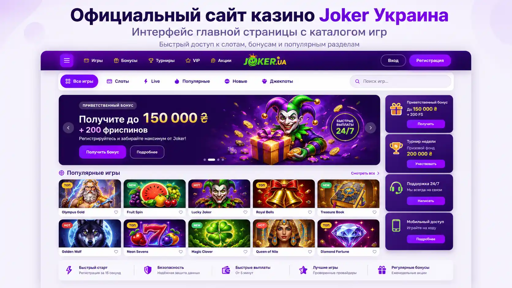 Официальный сайт казино Joker Украина — интерфейс главной страницы с каталогом игр